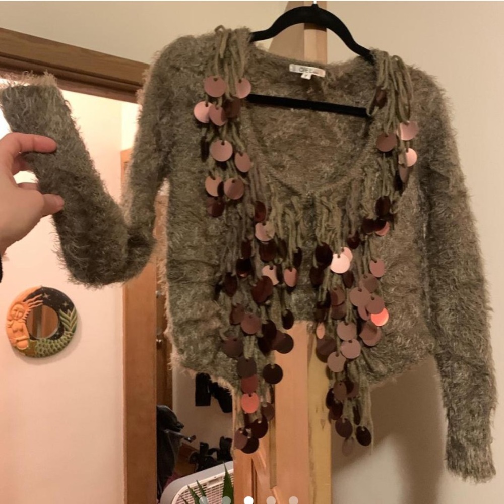 Strechy Faux Mohair sequin chunky whimsical sweater moss green - Picture 6 of 7